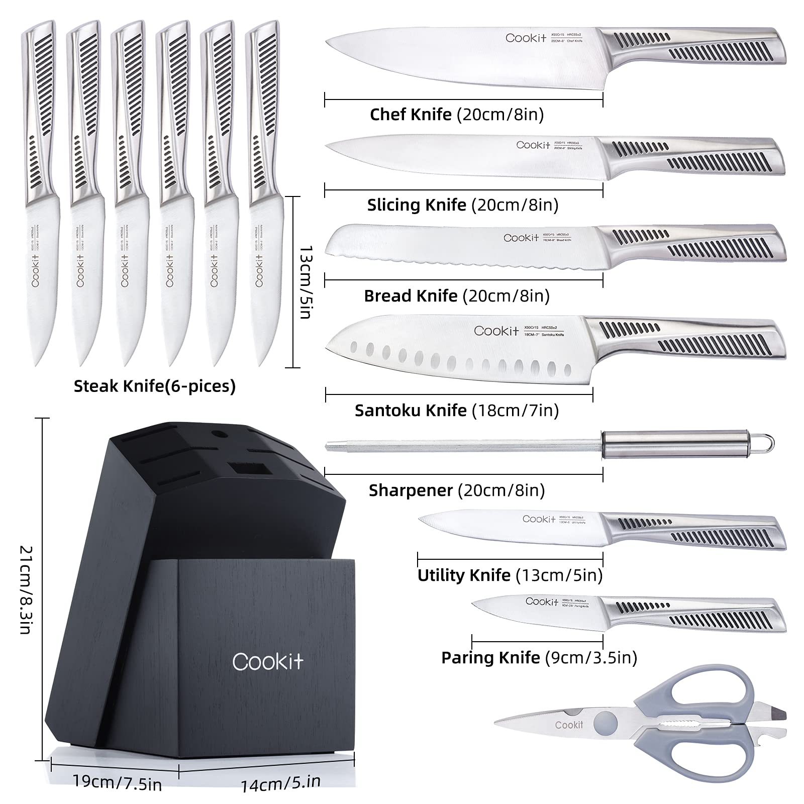 Kitchen Knife Set, 15 Piece Knife Sets with Block, Chef Knives with Non-Slip German Stainless Steel Hollow Handle Cutlery Set with Multifunctional Scissors Knife Sharpener Amazon Platform Banned - Image 3