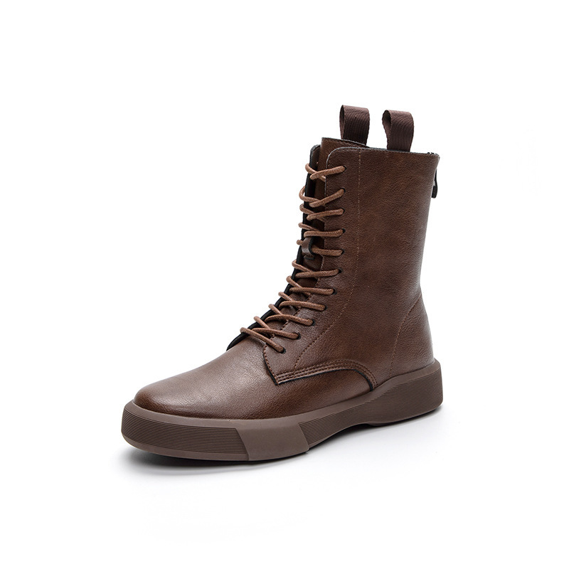 Flat Heel Retro Low Leather Boots Soft Bottom Lace Up Back Zipper - Image 2