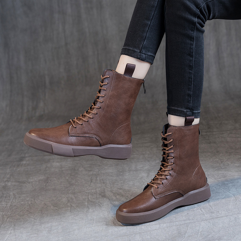 Flat Heel Retro Low Leather Boots Soft Bottom Lace Up Back Zipper - Image 3