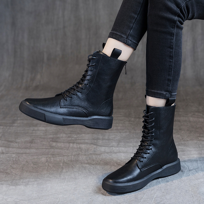Flat Heel Retro Low Leather Boots Soft Bottom Lace Up Back Zipper - Image 5
