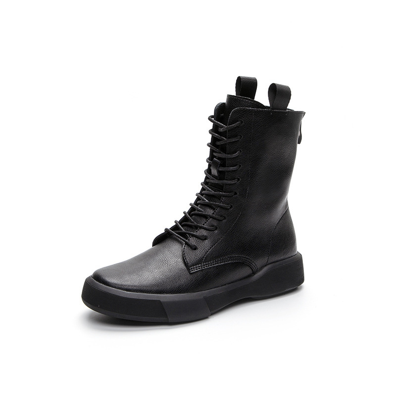 Flat Heel Retro Low Leather Boots Soft Bottom Lace Up Back Zipper - Image 6